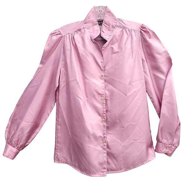 3 Guys and a Gal Vintage Pink‎ High Collar Button Up Puffy Long Sleeve Blouse - Picture 1 of 10
